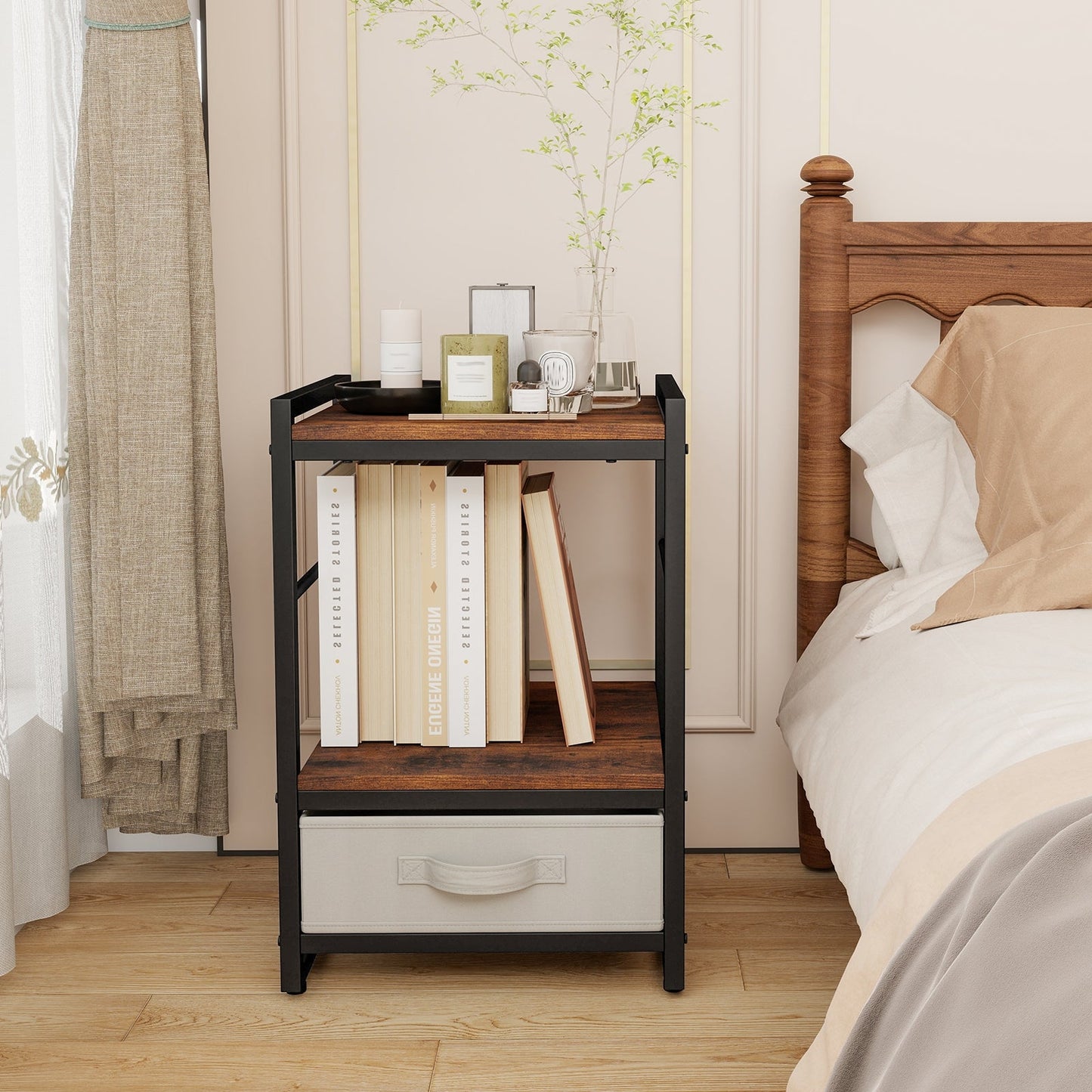Bedside table with fabric drawer & open storage compartment side table bedside table
