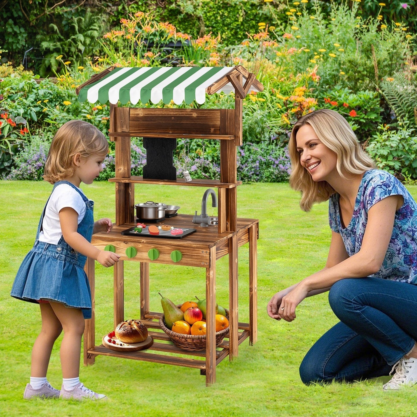 Double-Sided Mud Kitchen Wooden Barbecue Grill Playset with Canopy-Natural