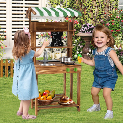 Double-Sided Mud Kitchen Wooden Barbecue Grill Playset with Canopy-Natural