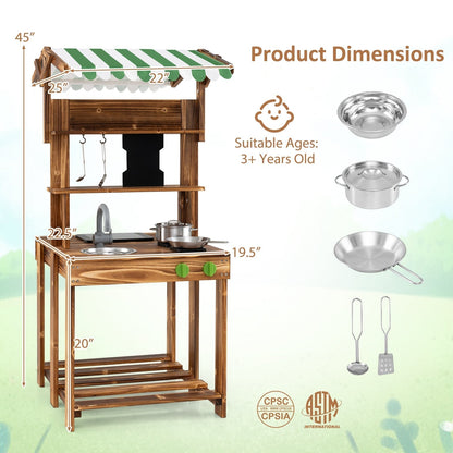 Double-Sided Mud Kitchen Wooden Barbecue Grill Playset with Canopy-Natural