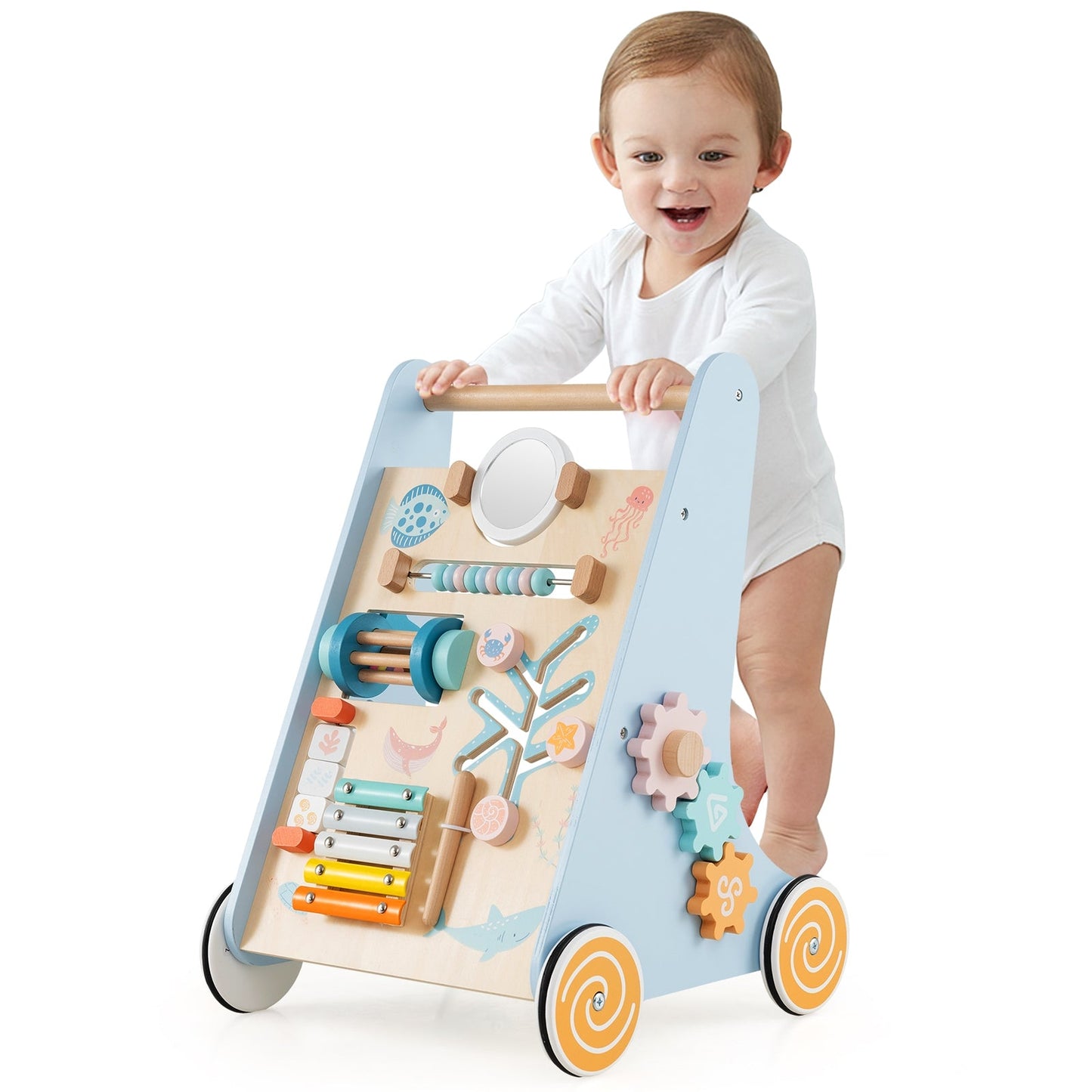 8-in-1 Wooden Baby Walker with Wheels for Toddlers 1+ Years Old-Blue