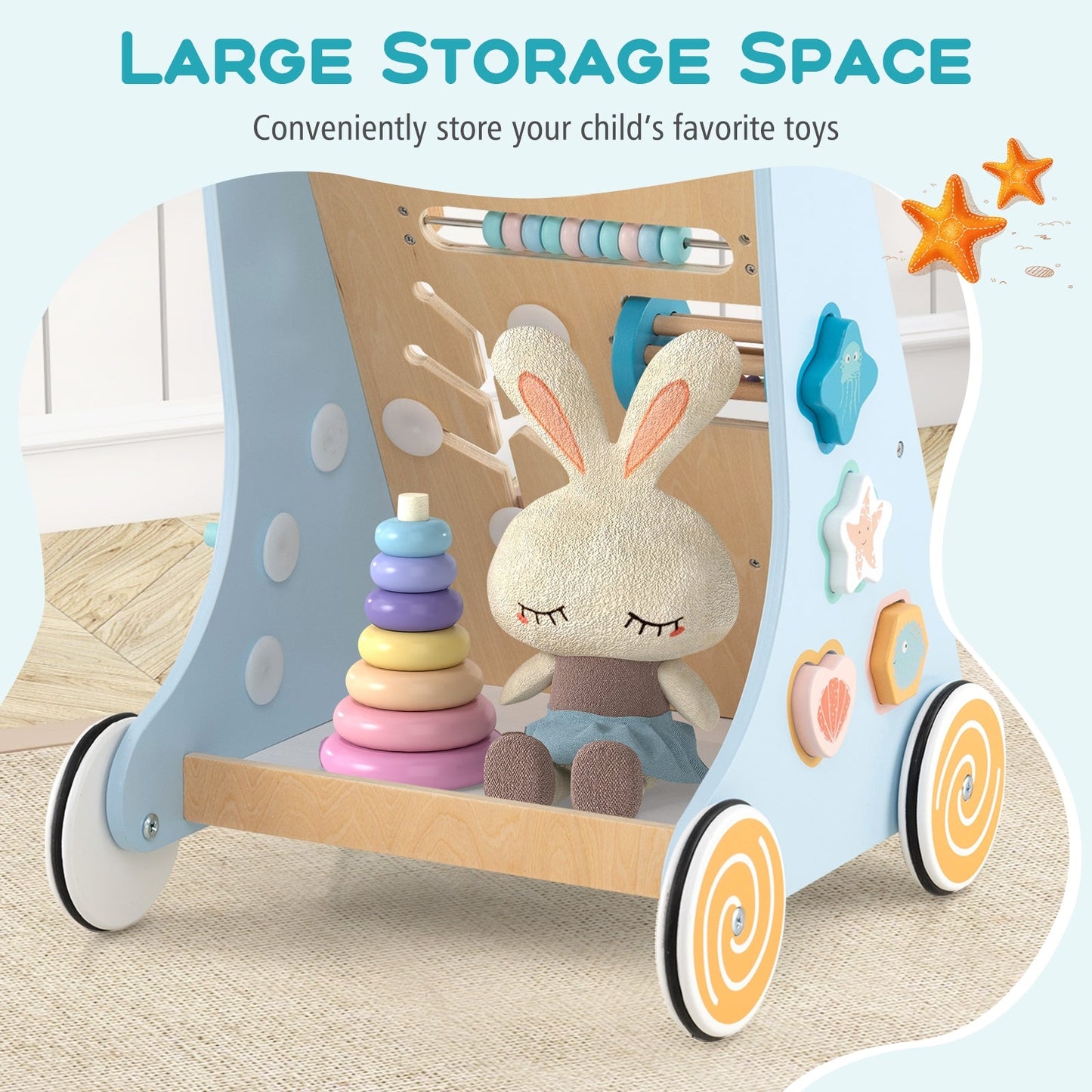 8-in-1 Wooden Baby Walker with Wheels for Toddlers 1+ Years Old-Blue