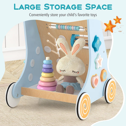 8-in-1 Wooden Baby Walker with Wheels for Toddlers 1+ Years Old-Blue