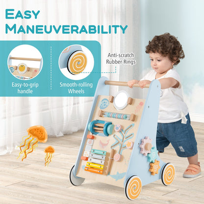 8-in-1 Wooden Baby Walker with Wheels for Toddlers 1+ Years Old-Blue