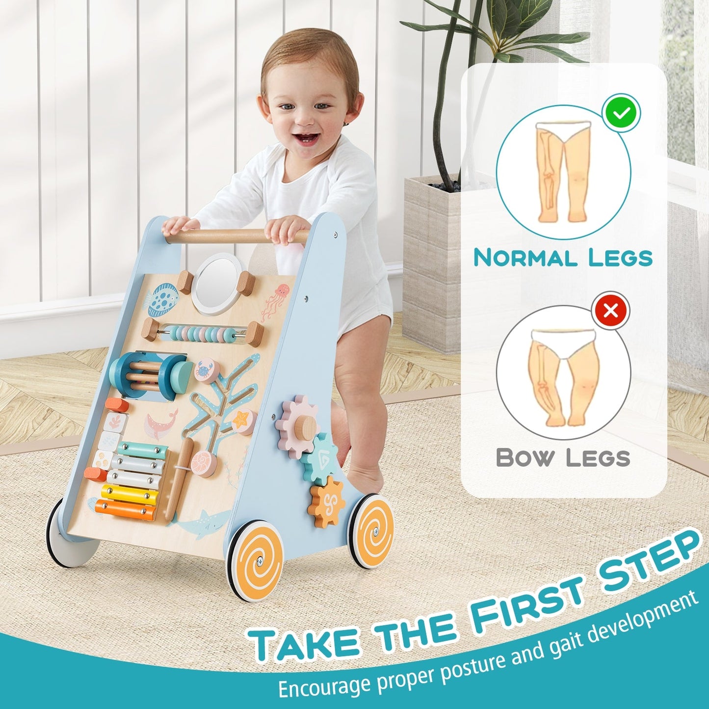 8-in-1 Wooden Baby Walker with Wheels for Toddlers 1+ Years Old-Blue