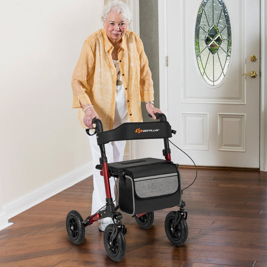 Walker for Seniors with Seat Folding Rollator Walker with Pneumatic Tires-Red