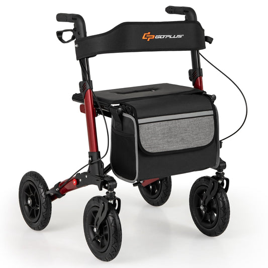 Walker for Seniors with Seat Folding Rollator Walker with Pneumatic Tires-Red