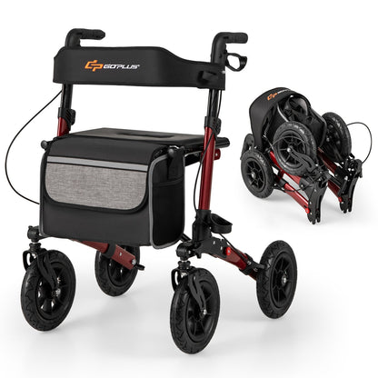 Walker for Seniors with Seat Folding Rollator Walker with Pneumatic Tires-Red