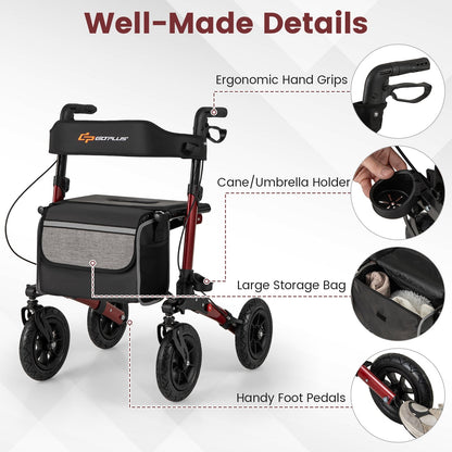 Walker for Seniors with Seat Folding Rollator Walker with Pneumatic Tires-Red
