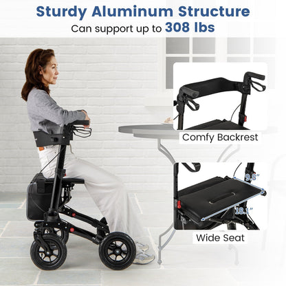 Walker for Seniors with Seat Folding Rollator Walker with Pneumatic Tires-Black