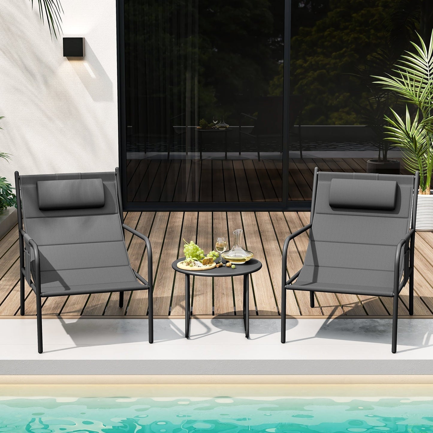 3 Piece Outdoor Bistro Set with Chair and Coffee Table Set-Grey