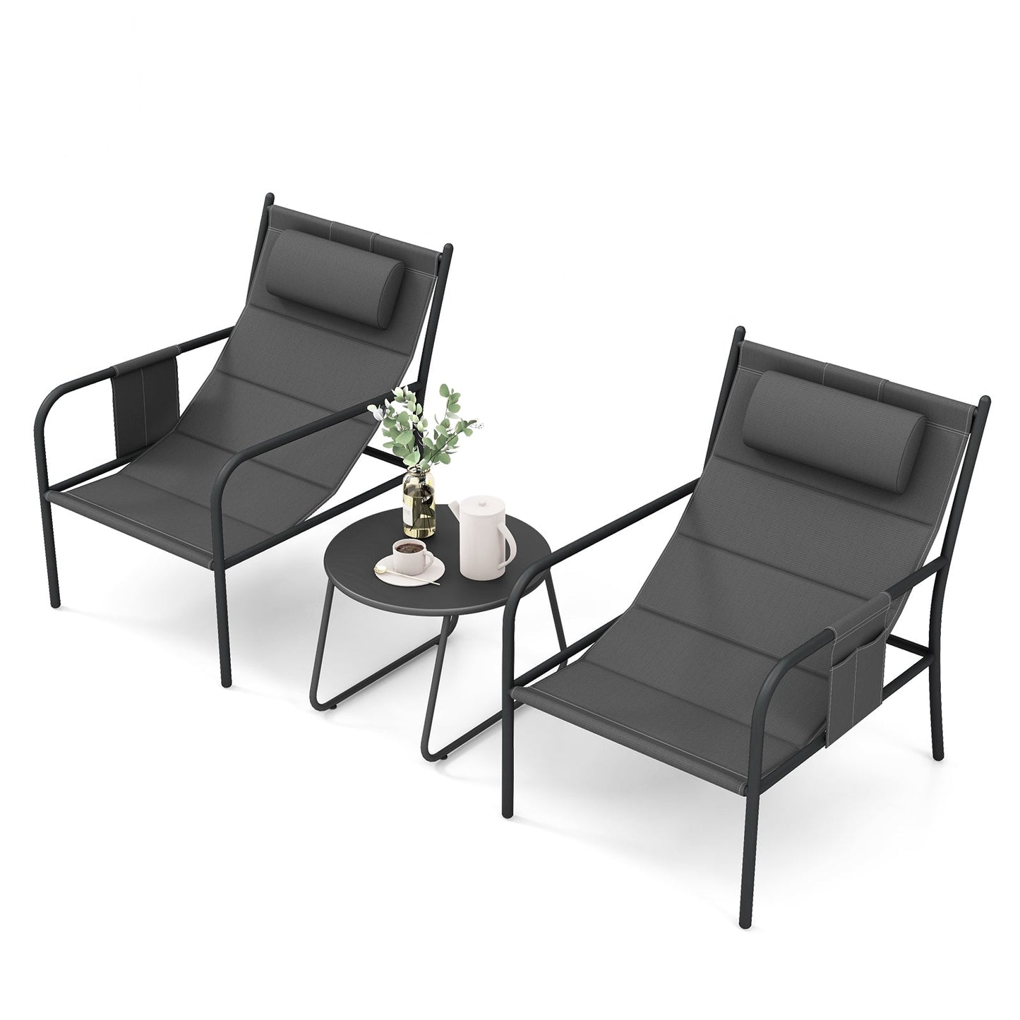 3 Piece Outdoor Bistro Set with Chair and Coffee Table Set-Grey