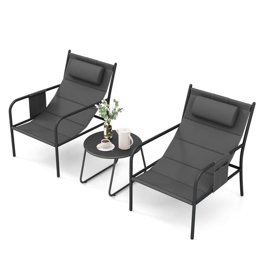 3 Piece Outdoor Bistro Set with Chair and Coffee Table Set-Grey