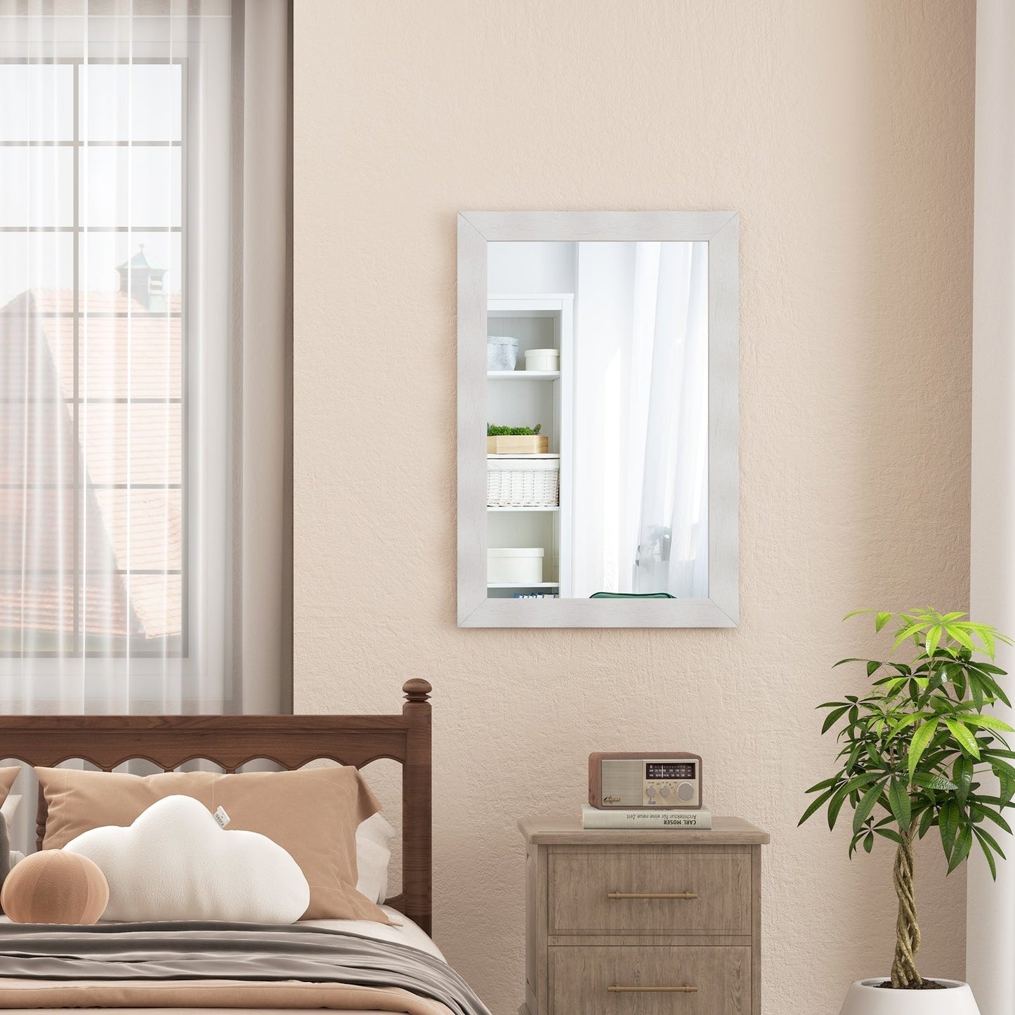 Farmhouse Wall Mirror Rubber Wood Rustic Style Wall Mirror-White