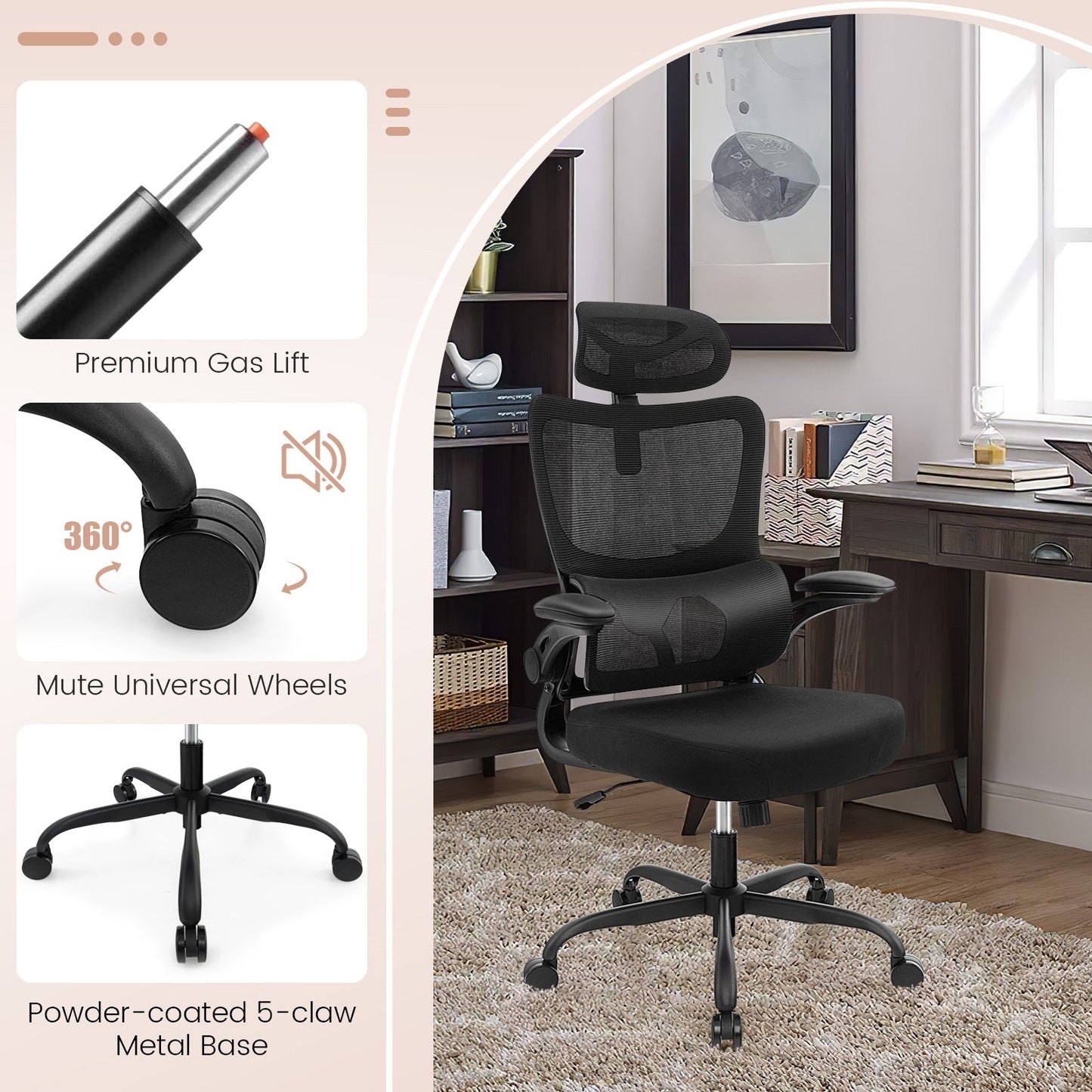 Mesh Office Chair with Adaptive Lumbar Support, Flip-up Armrests, Reclining Backrest-Black