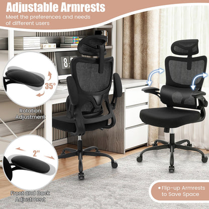 Mesh Office Chair with Adaptive Lumbar Support, Flip-up Armrests, Reclining Backrest-Black