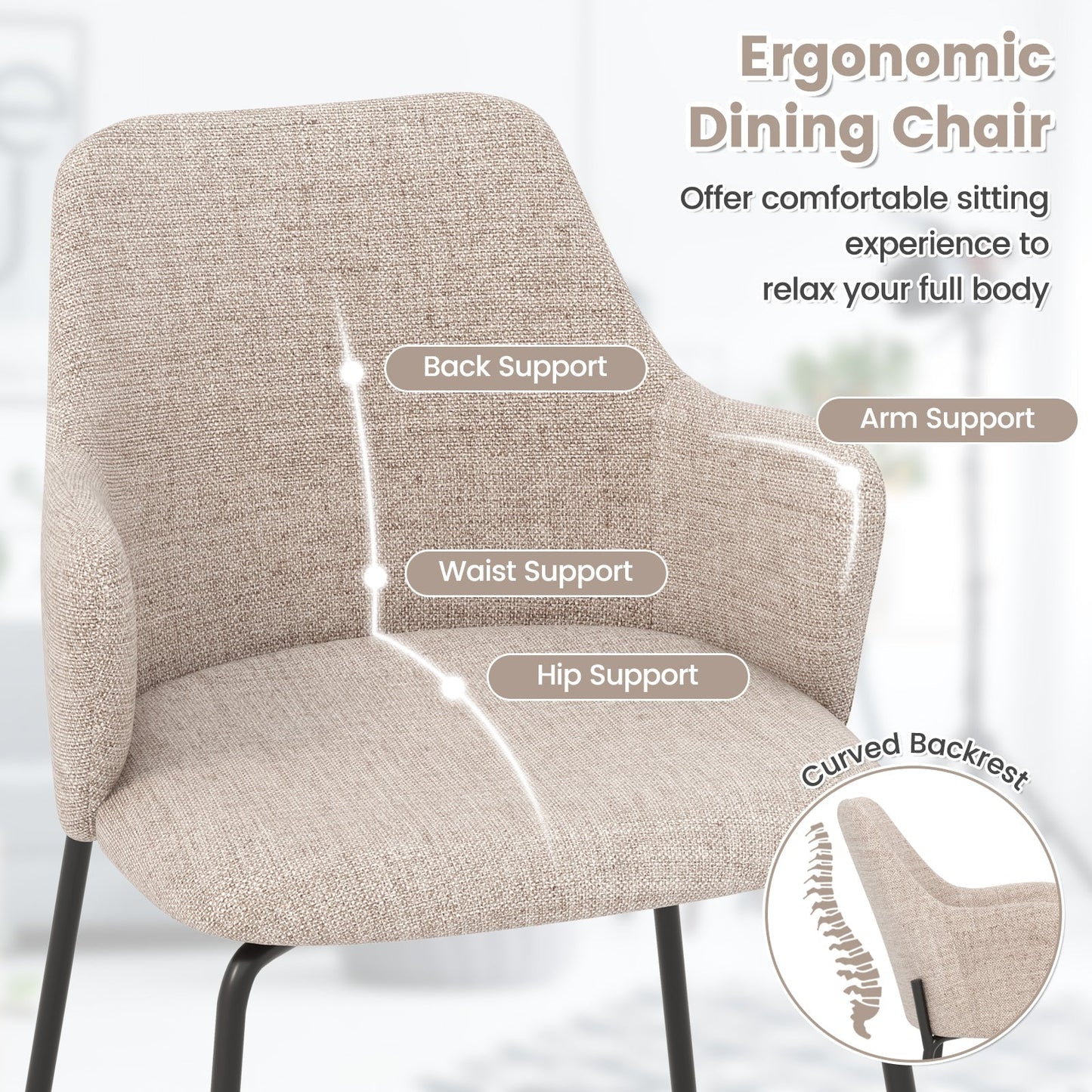 Dining Chairs Set of 2 Upholstered Accent Chairs with Curved Backrest-Beige