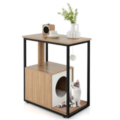 3 in 1 Cat House & Scratching Post & Side Table Cat Cave with Removable Scratching Mat & Ball Natural