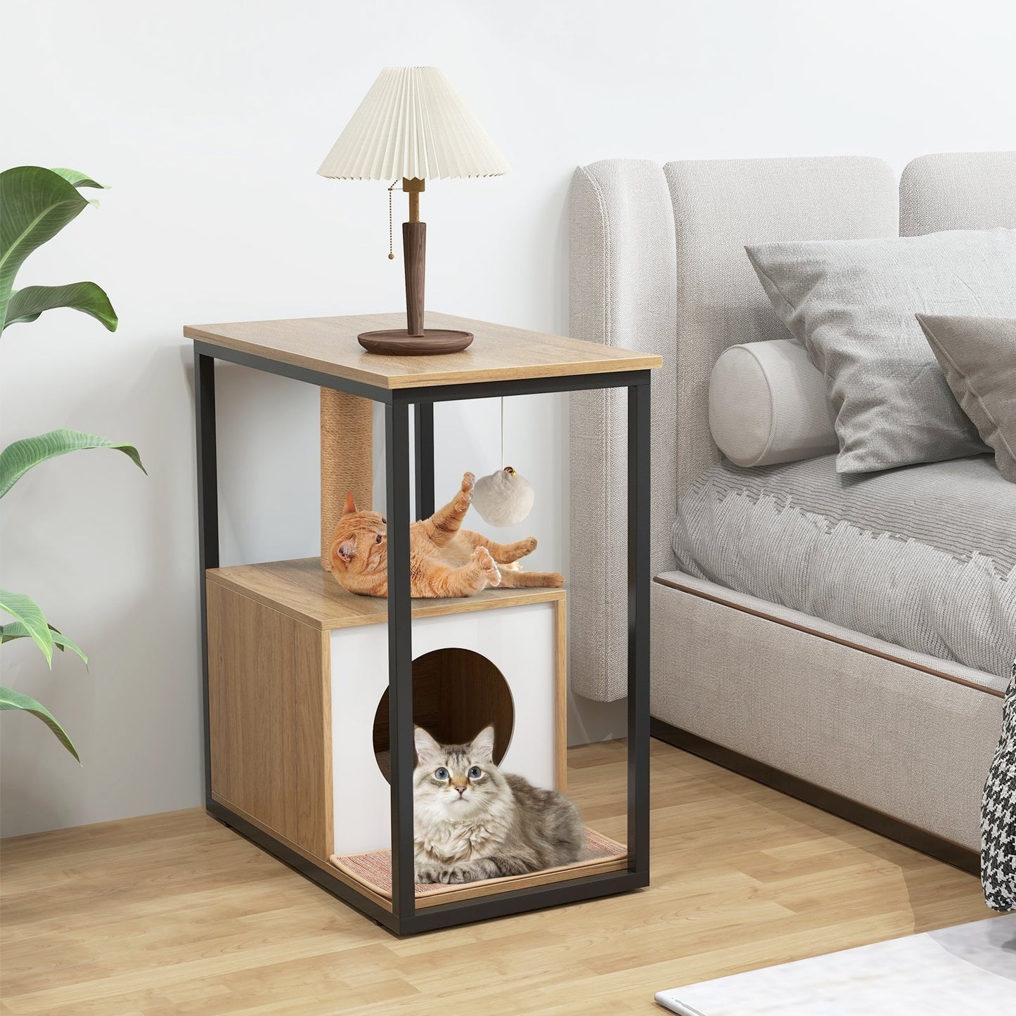 3 in 1 Cat House & Scratching Post & Side Table Cat Cave with Removable Scratching Mat & Ball Natural