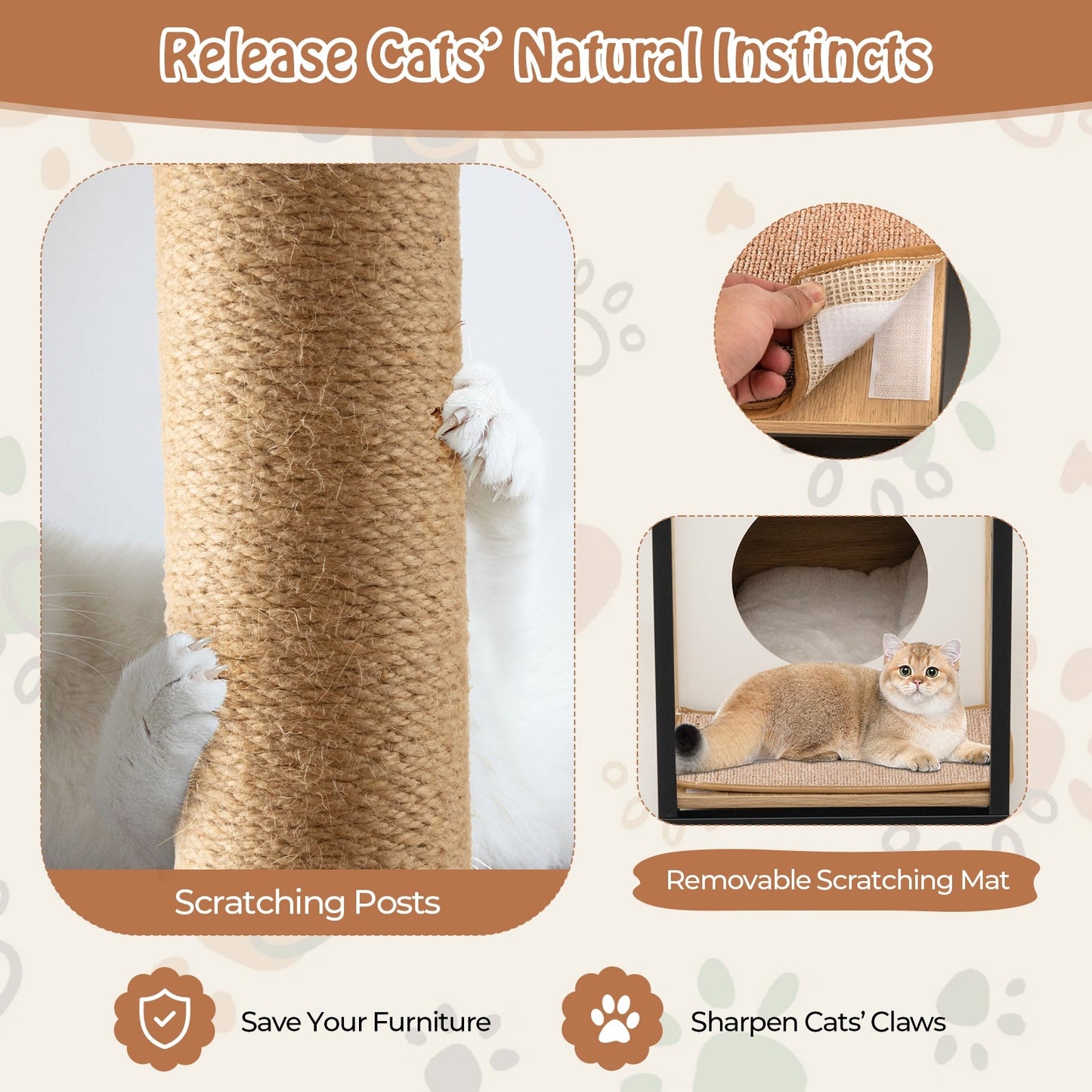 3 in 1 Cat House & Scratching Post & Side Table Cat Cave with Removable Scratching Mat & Ball Natural