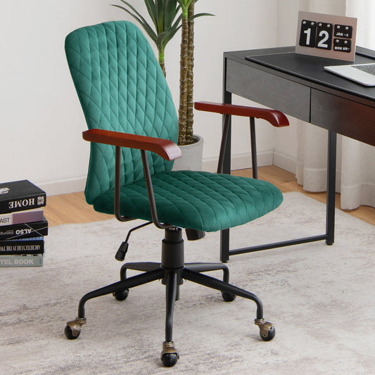 Retro Swivel Velvet Computer Desk Chair with Armrest for Home & Office-Green
