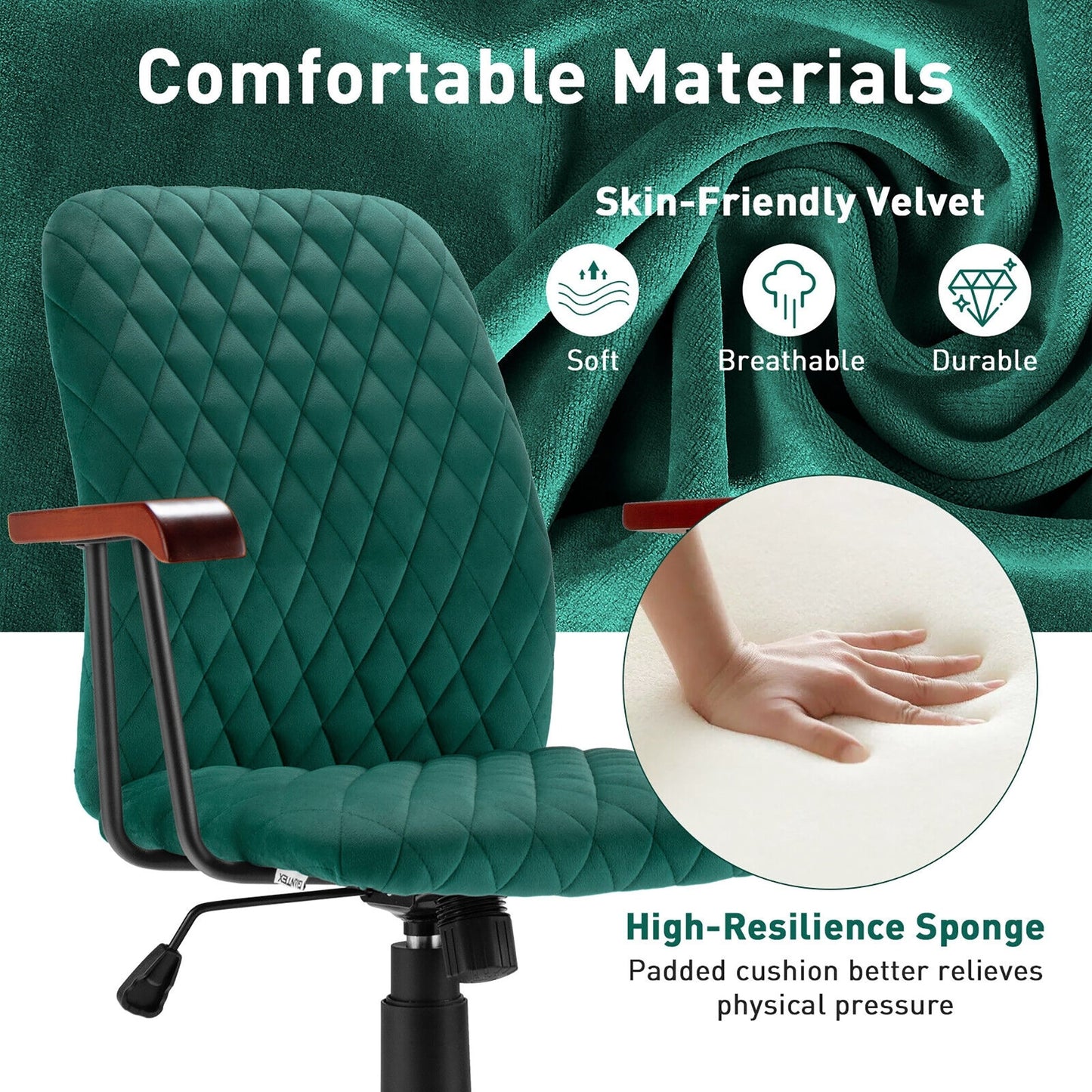 Retro Swivel Velvet Computer Desk Chair with Armrest for Home & Office-Green