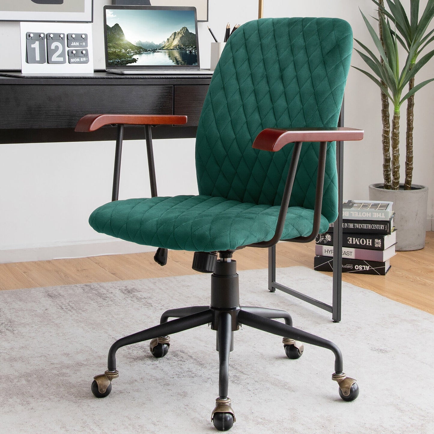 Retro Swivel Velvet Computer Desk Chair with Armrest for Home & Office-Green