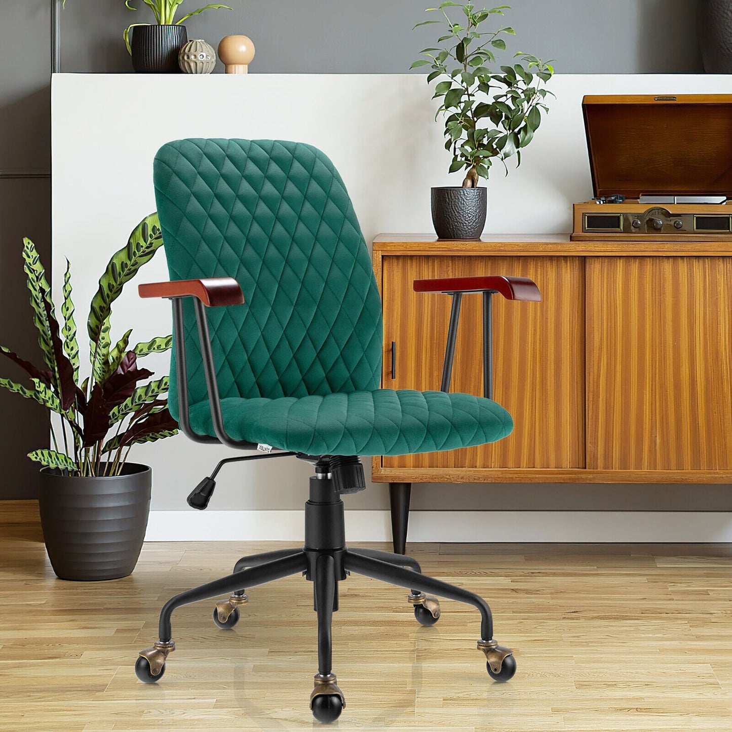 Retro Swivel Velvet Computer Desk Chair with Armrest for Home & Office-Green