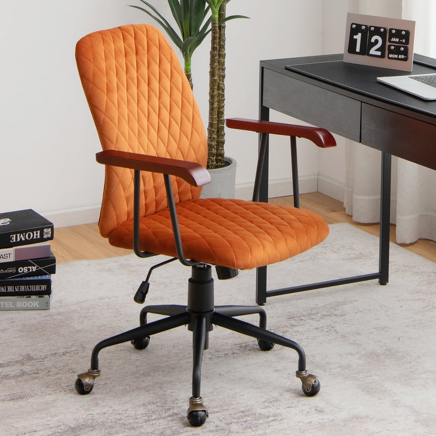 Retro Swivel Velvet Computer Desk Chair with Armrest for Home & Office-Orange