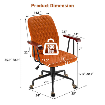 Retro Swivel Velvet Computer Desk Chair with Armrest for Home & Office-Orange