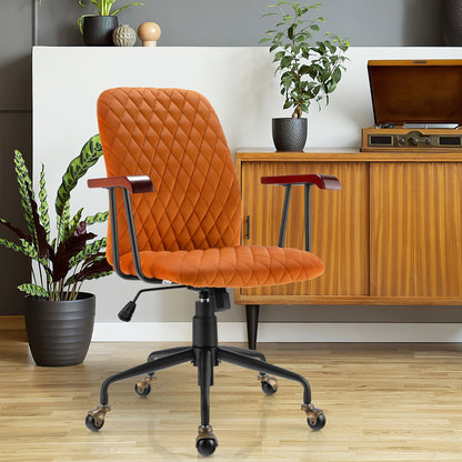 Retro Swivel Velvet Computer Desk Chair with Armrest for Home & Office-Orange