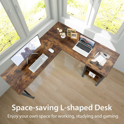 L-shaped Office Desk with Open Shelf & 2-Tier Side Shelves-Coffee