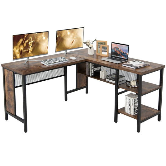 L-shaped Office Desk with Open Shelf & 2-Tier Side Shelves-Coffee