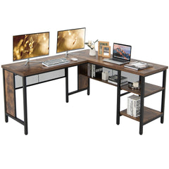 L-shaped Office Desk with Open Shelf & 2-Tier Side Shelves-Coffee