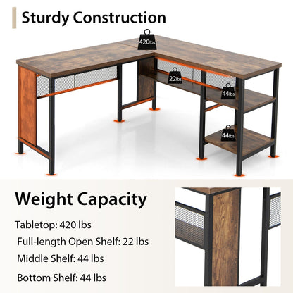 L-shaped Office Desk with Open Shelf & 2-Tier Side Shelves-Coffee