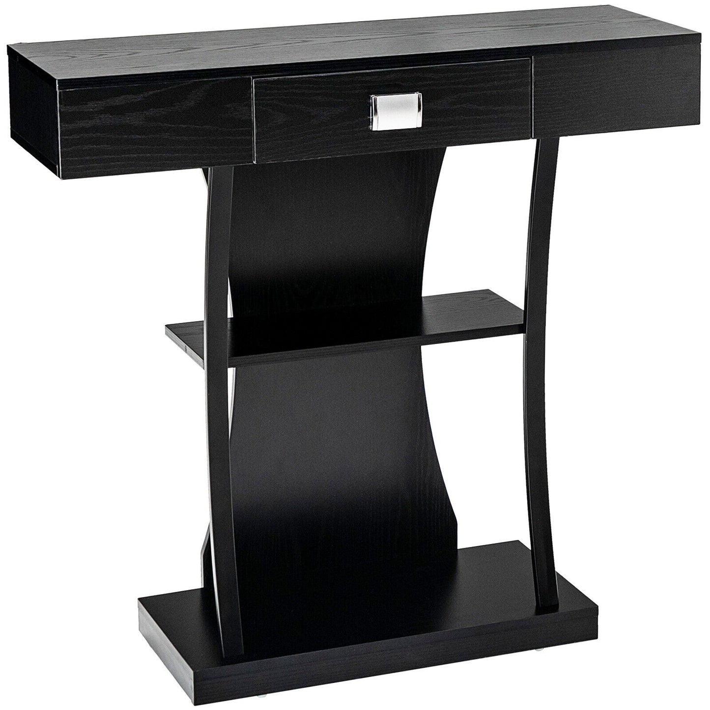 Black console table with a drawer on a white background