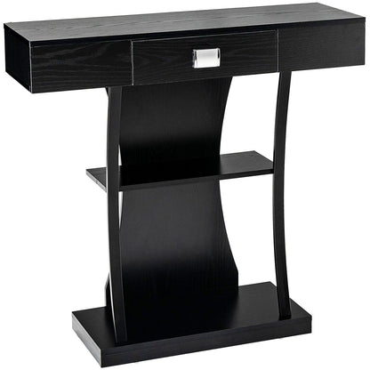 Black console table with a drawer on a white background