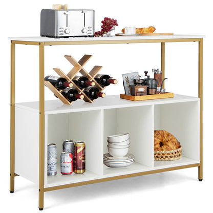 White kitchen island with gold frame, displaying various items including a toaster, wine bottles, and food.