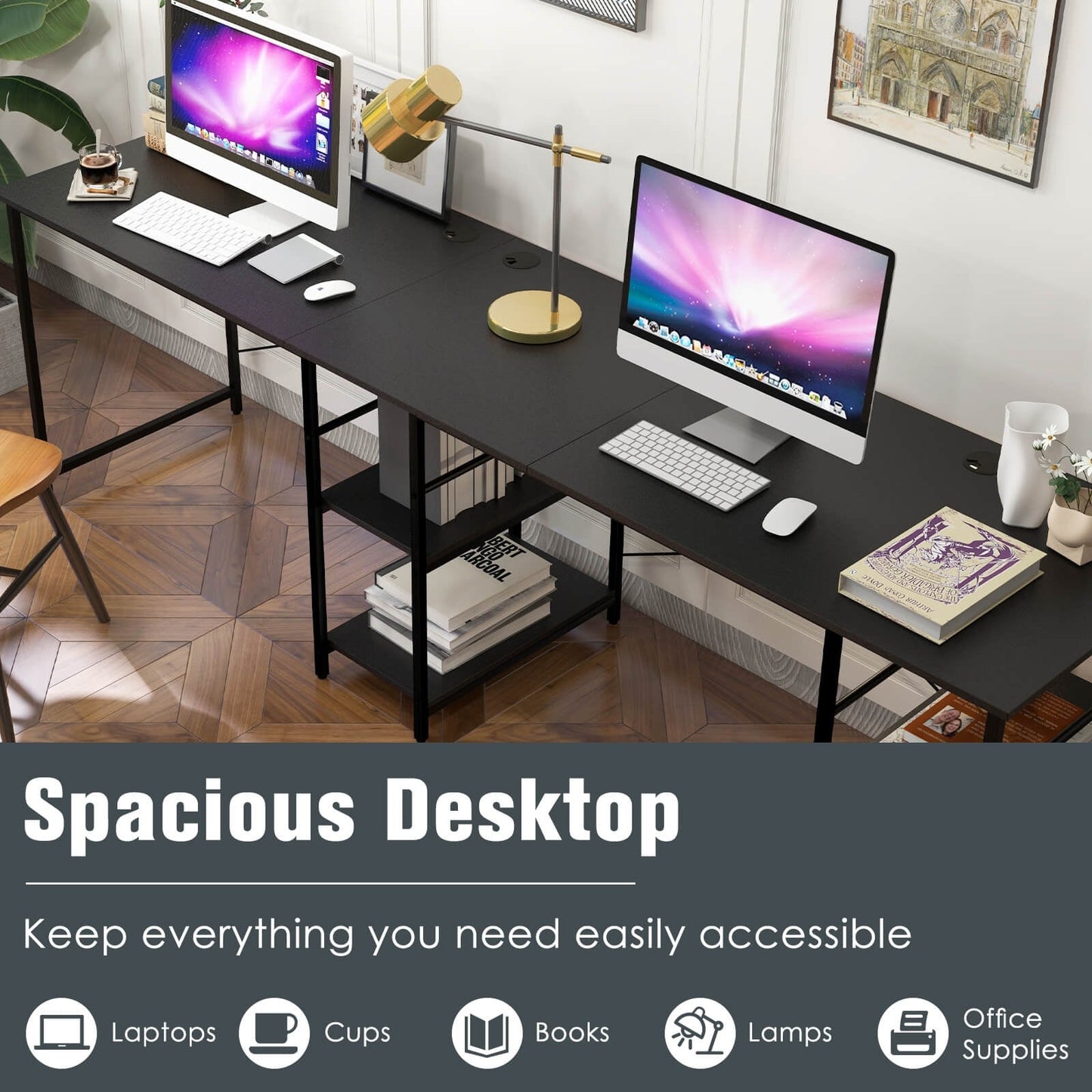 151CM Convertible L-shaped Computer Desk with 4 Storage Shelves for Home Office-Black