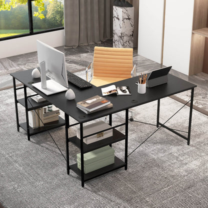 151CM Convertible L-shaped Computer Desk with 4 Storage Shelves for Home Office-Black