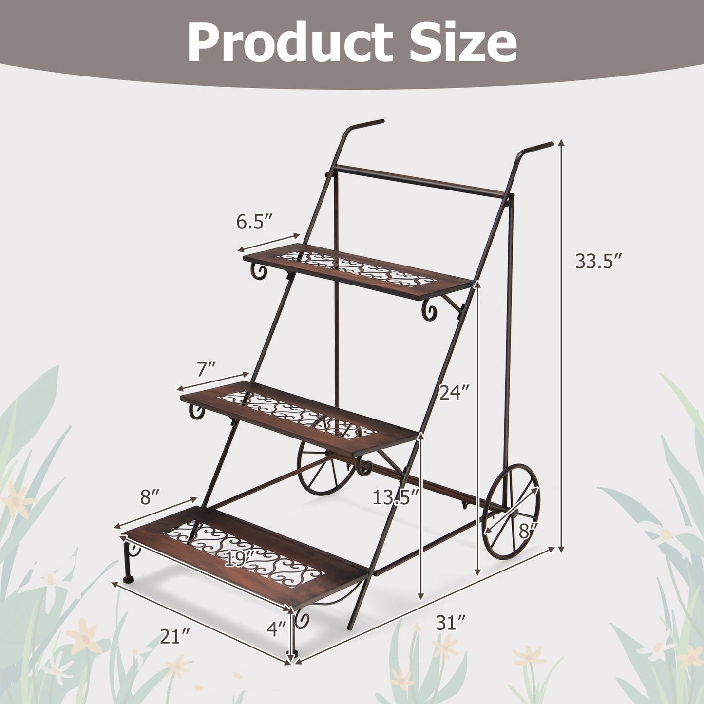 3-Tier Ladder Shaped Metal Plant Stand with Wheels and Handle
