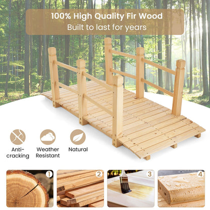 5 Feet Wooden Garden Bridge with Safety Rails-Natural