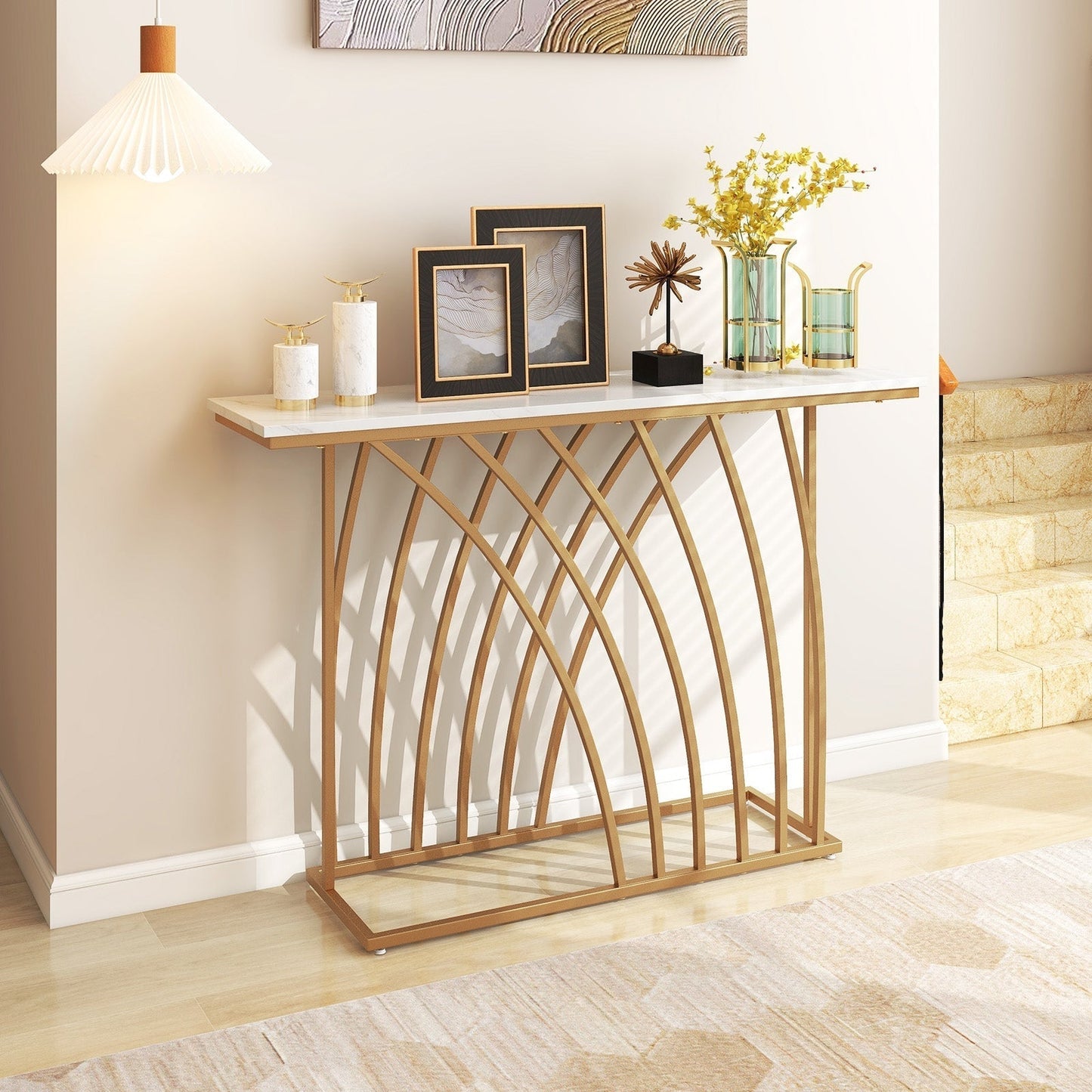120cm Console Table with Faux Marble Tabletop-White