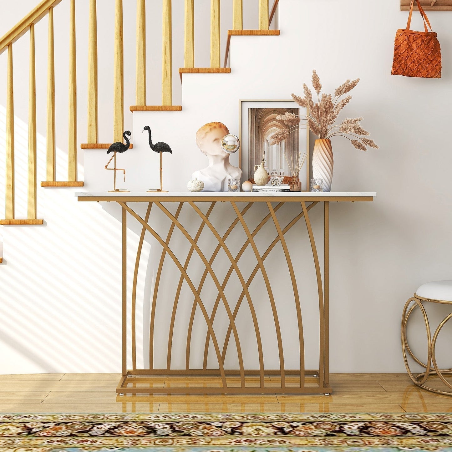 120cm Console Table with Faux Marble Tabletop-White