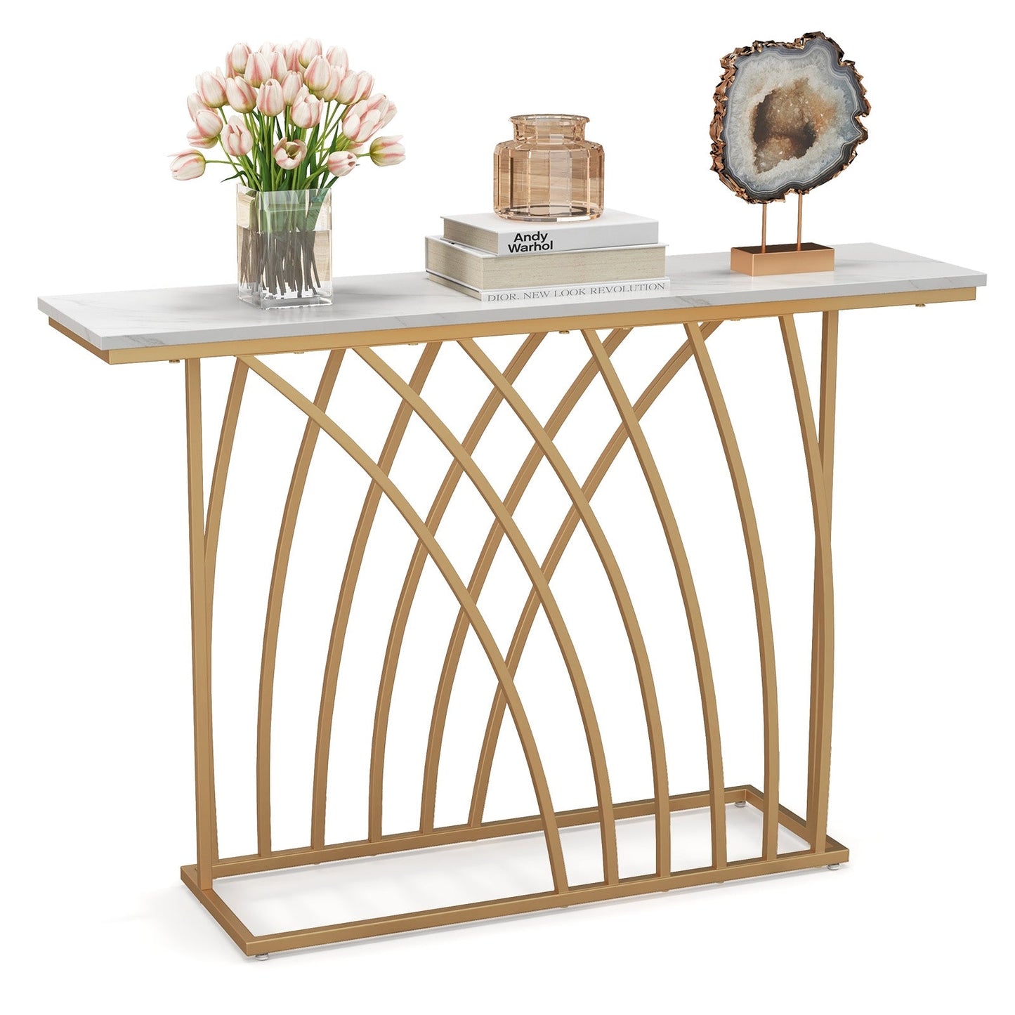 120cm Console Table with Faux Marble Tabletop-White