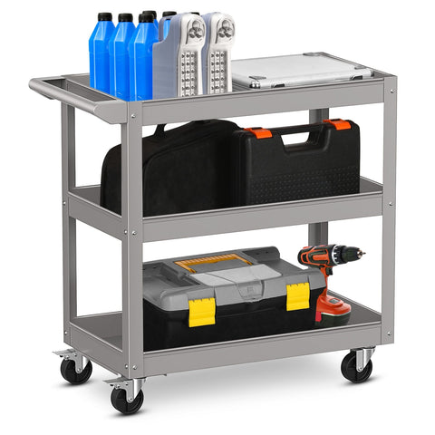 3-Tier Tool Trolley with Handle and Lockable Wheels-Grey