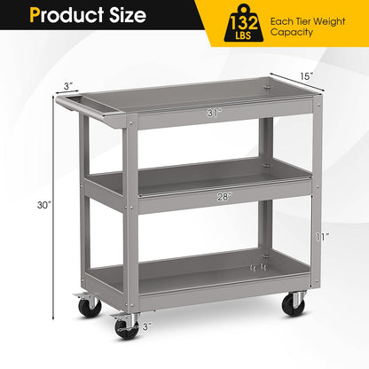 3-Tier Tool Trolley with Handle and Lockable Wheels-Grey