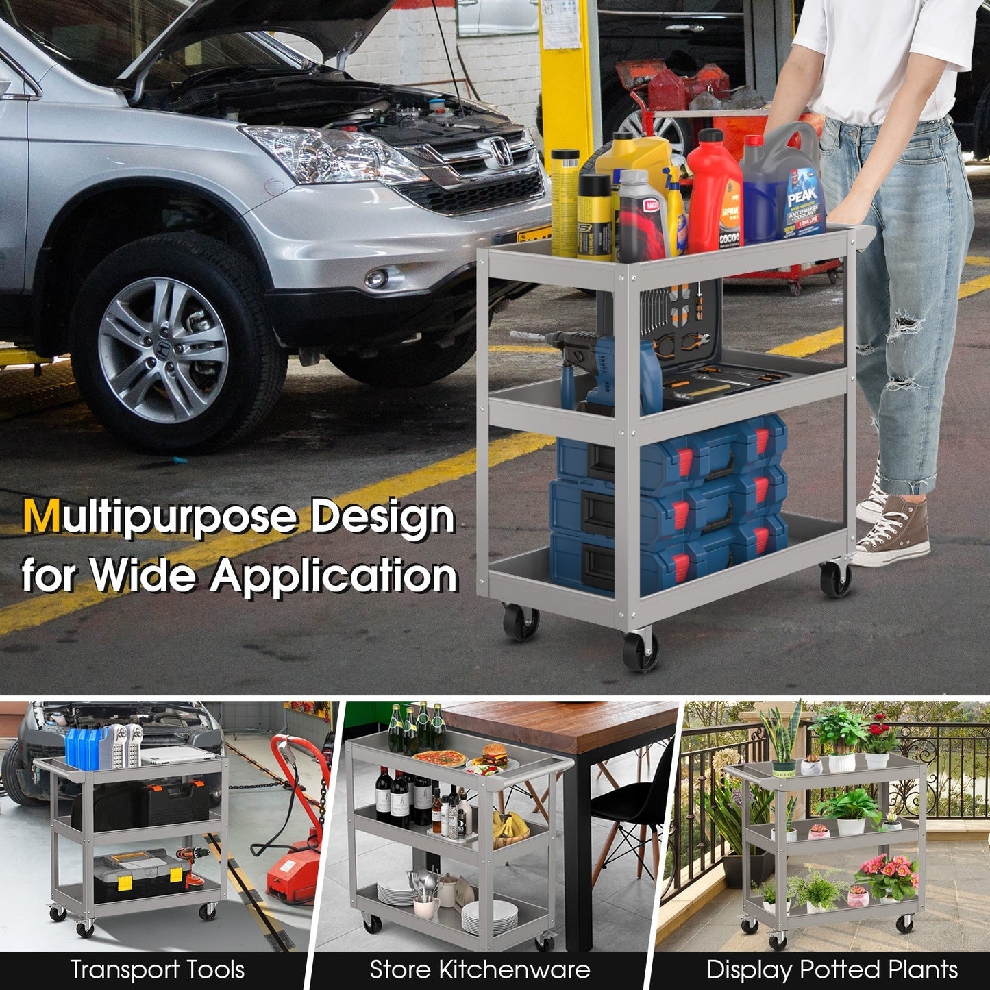 3-Tier Tool Trolley with Handle and Lockable Wheels-Grey