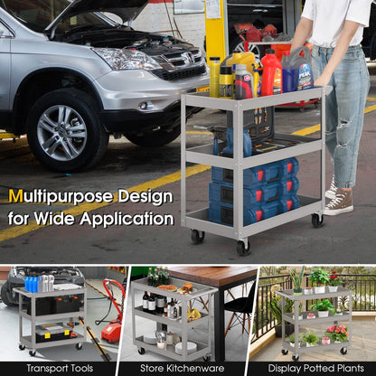 3-Tier Tool Trolley with Handle and Lockable Wheels-Grey