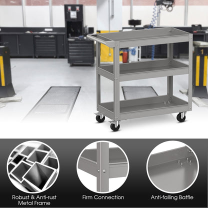 3-Tier Tool Trolley with Handle and Lockable Wheels-Grey